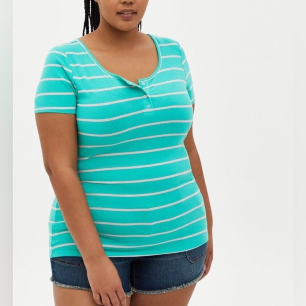 Torrid Green Pink Striped Ribbed Henley Top Short Sleeve SIZE 2